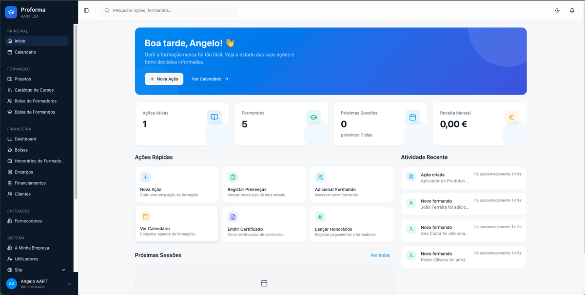 Dashboard da plataforma Proforma